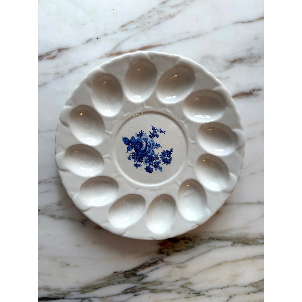 Vintage Delft Style Blue White Floral Deviled Egg Plate 9" French Toile